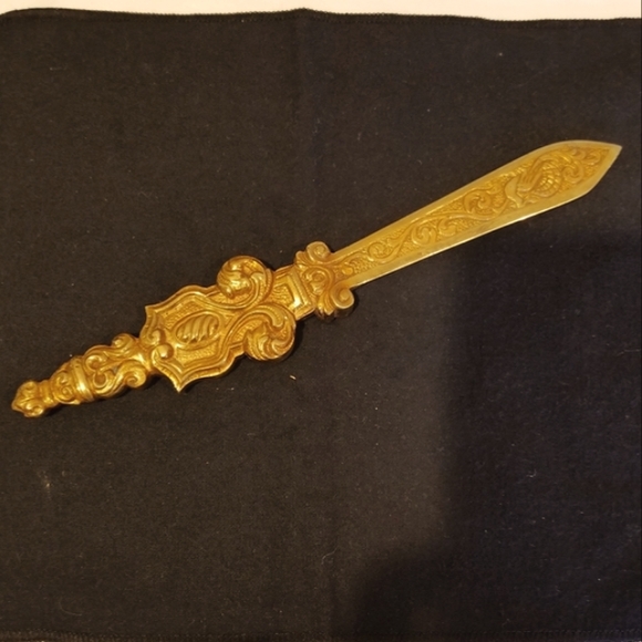 Mid Century Modern Ornate Art Nouveau Heavy Brass Gold Letter Opener - Picture 2 of 9